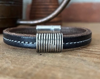 Chunky Black Stitched Leather Bracelet with Rustic Focal Element - Magnetic Clasp