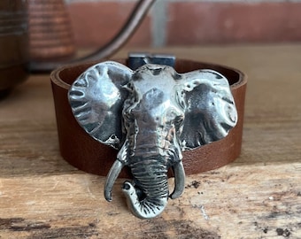 Gorgeous Rich Brown Leather Bracelet with Antiqued Silver Elephant! - Magnetic Clasp