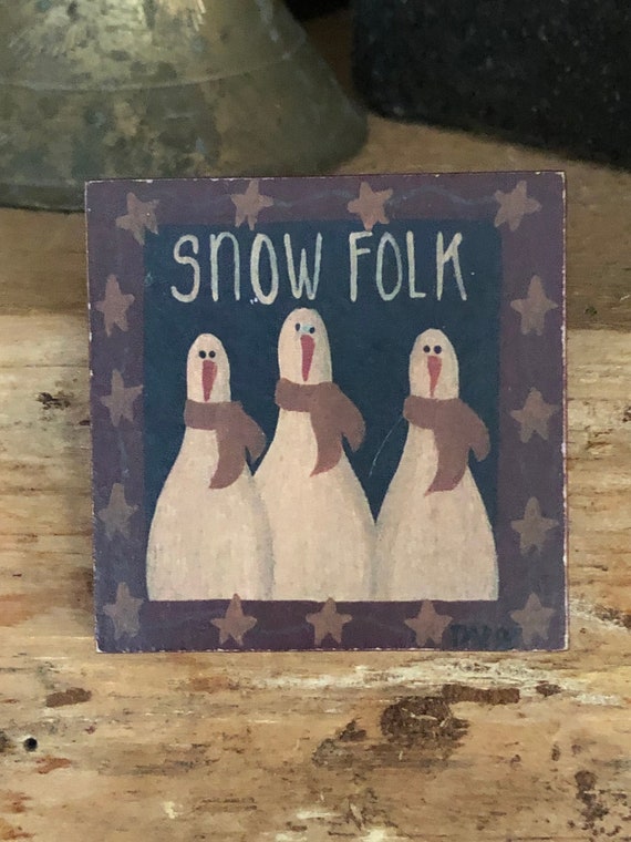 Vintage Primitive Folk Art Wood Pin - Snow Folk! -