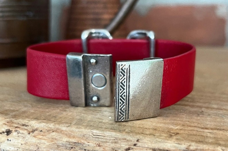 Rich Red Supple Leather Bracelet with Silver Criss Cross Magnetic Clasp image 6