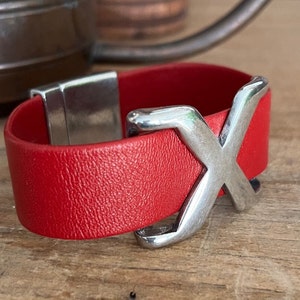 Rich Red Supple Leather Bracelet with Silver Criss Cross Magnetic Clasp image 4