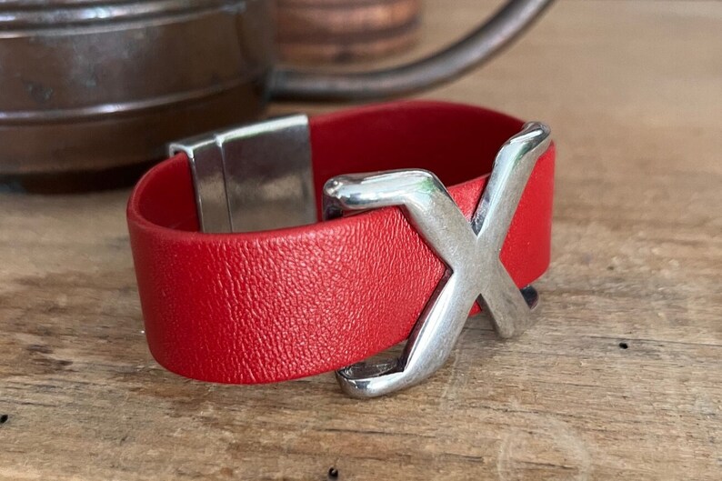 Rich Red Supple Leather Bracelet with Silver Criss Cross Magnetic Clasp image 4