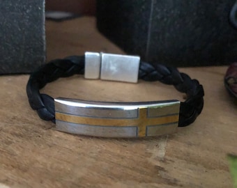 Braided Black Leather Bracelet with Stainless Steel Slider with Etched Gold Cross: Magnetic Clasp