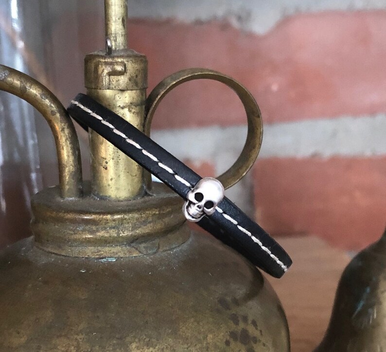 Petite Black Stitched Leather Bracelet with Tiny Skull Magnetic Clasp
