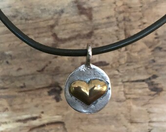 Olive Green Leather Necklace with Dainty Sterling and Gold Heart Pendant
