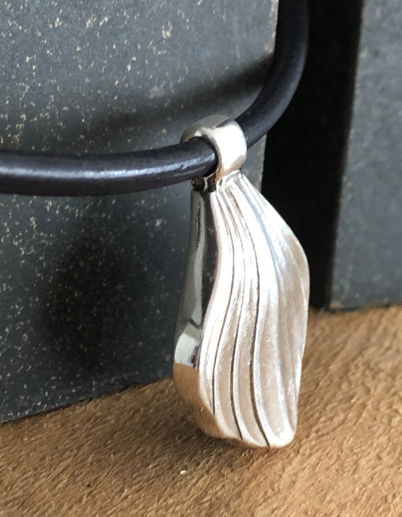 Large Tribal Silver Shell Pendant and Black Leather Necklace Magnetic Clasp image 4