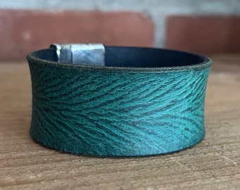 Rustic Teal Leather Bracelet with Large Antiqued Magnetic Clasp