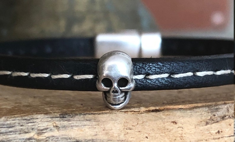 Petite Black Stitched Leather Bracelet with Tiny Skull Magnetic Clasp