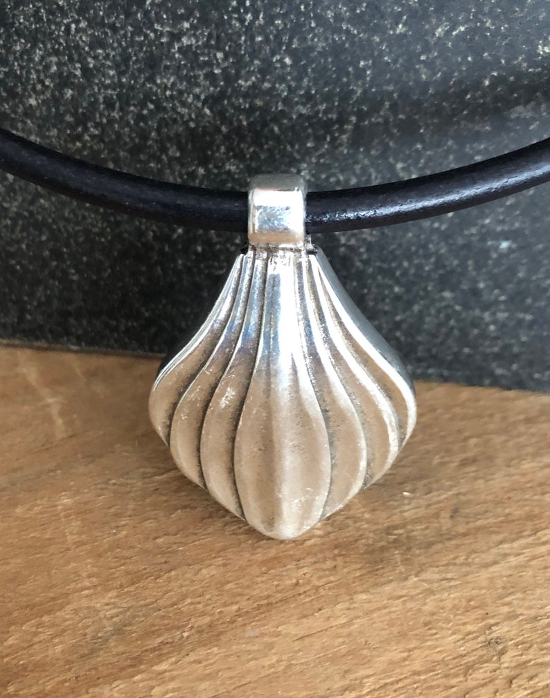 Large Tribal Silver Shell Pendant and Black Leather Necklace Magnetic Clasp image 5