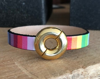 Rainbow Stripes! Leather Bracelet with Gold 'Donut' Magnetic Clasp