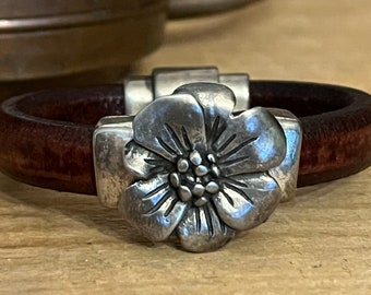 Grecian Leather Bracelet in Distressed Caramel Brown with Antiqued Flower - Magnetic Clasp