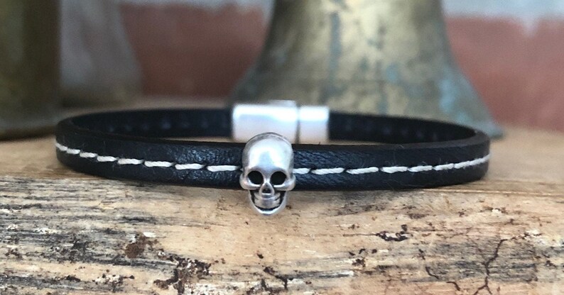 Petite Black Stitched Leather Bracelet with Tiny Skull Magnetic Clasp