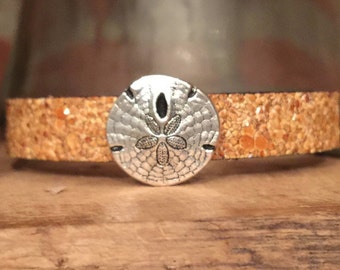 Sparkly Sand Leather Bracelet with Sweet Sand Dollar - Magnetic