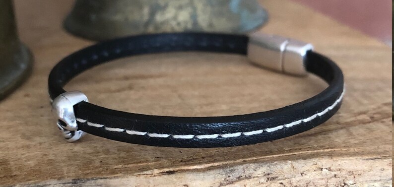 Petite Black Stitched Leather Bracelet with Tiny Skull Magnetic Clasp