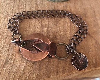 OOAK  Mixed Metal Recycled Brass and Copper Bracelet with Antiqued Copper Chain