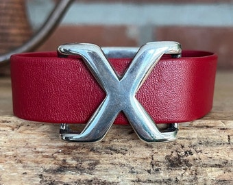 Rich Red Supple Leather Bracelet with Silver Criss Cross - Magnetic Clasp