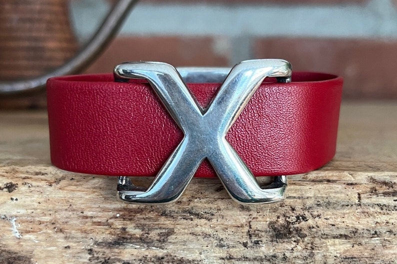 Rich Red Supple Leather Bracelet with Silver Criss Cross Magnetic Clasp image 1