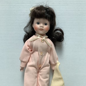 Vintage 1989 House of Lloyd 16&quot; Porcelain Doll with Baby Blanket - Long Black Hair, Blue Eyes, Pink Pajamas