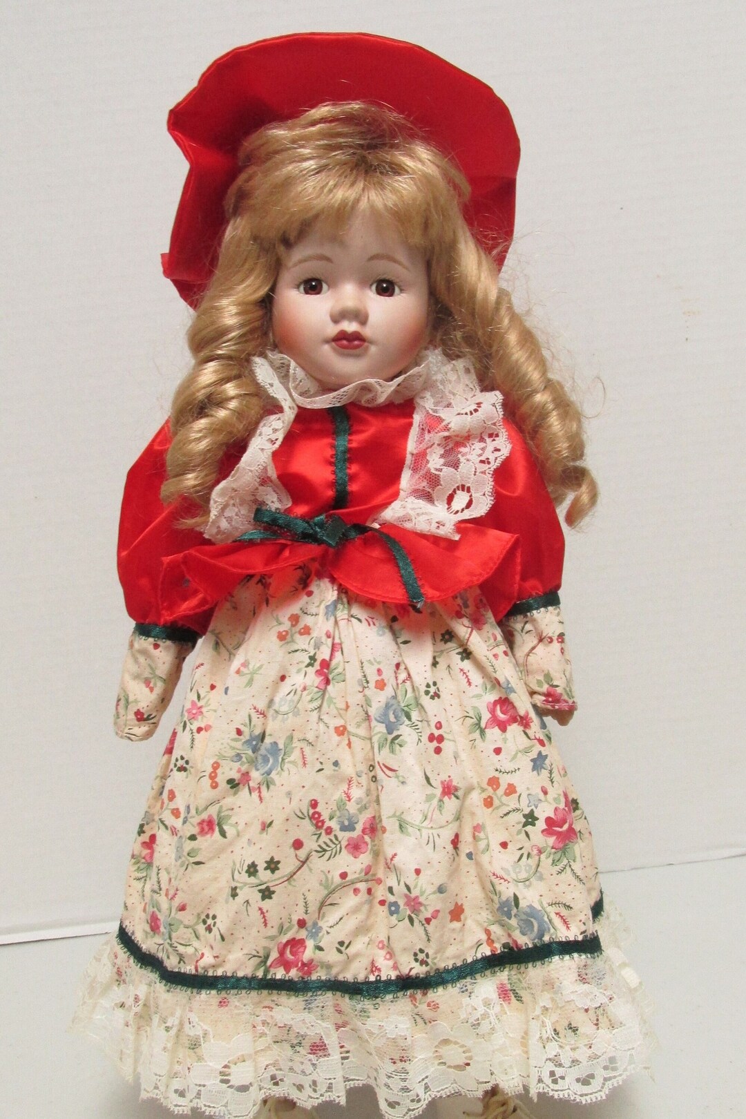 16 Porcelain Doll Blonde Curly Hair Brown Eyes Red Etsy