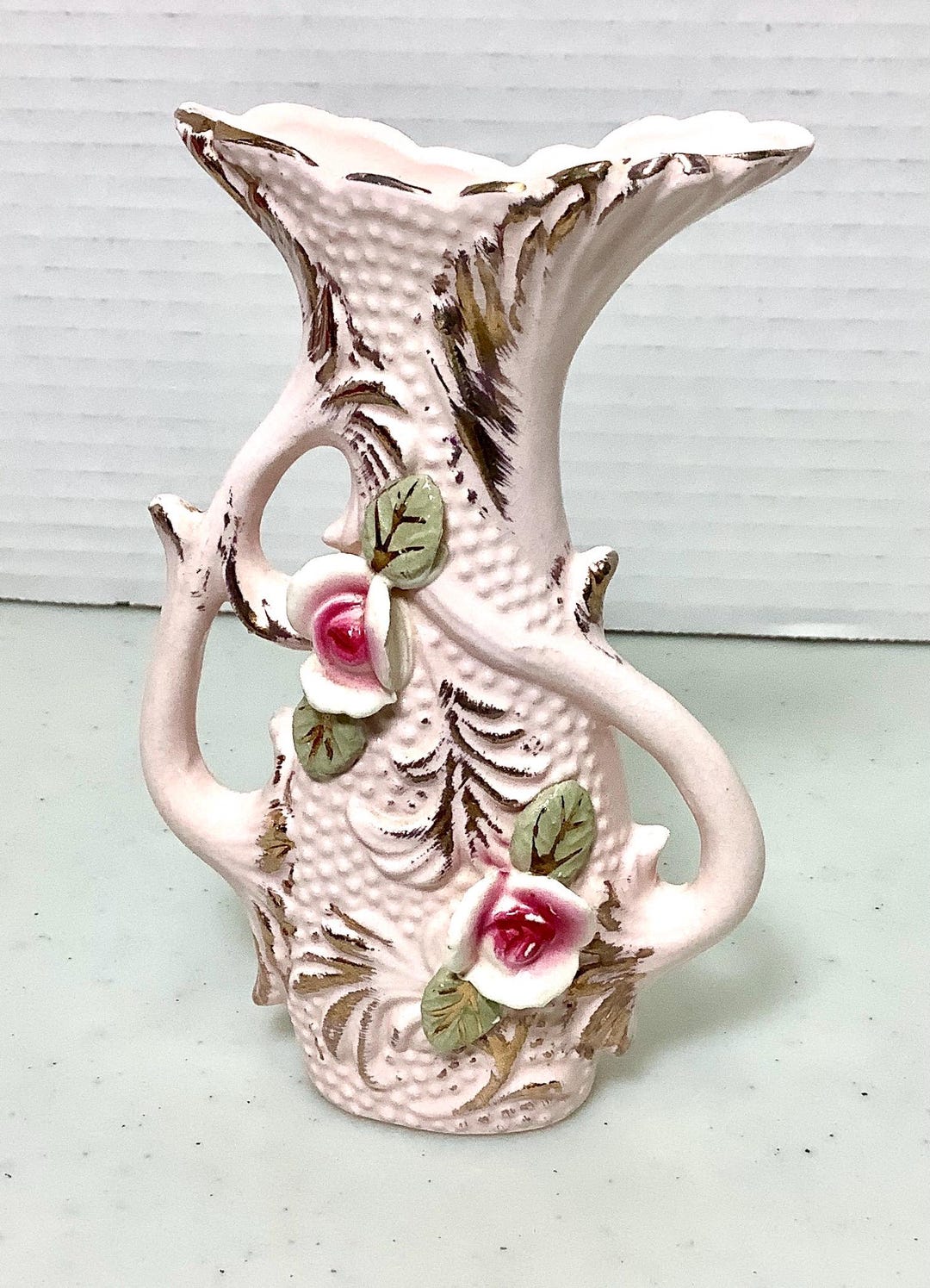 Vintage Bud Vase Light Pink With Roses and Gold Trim - Etsy