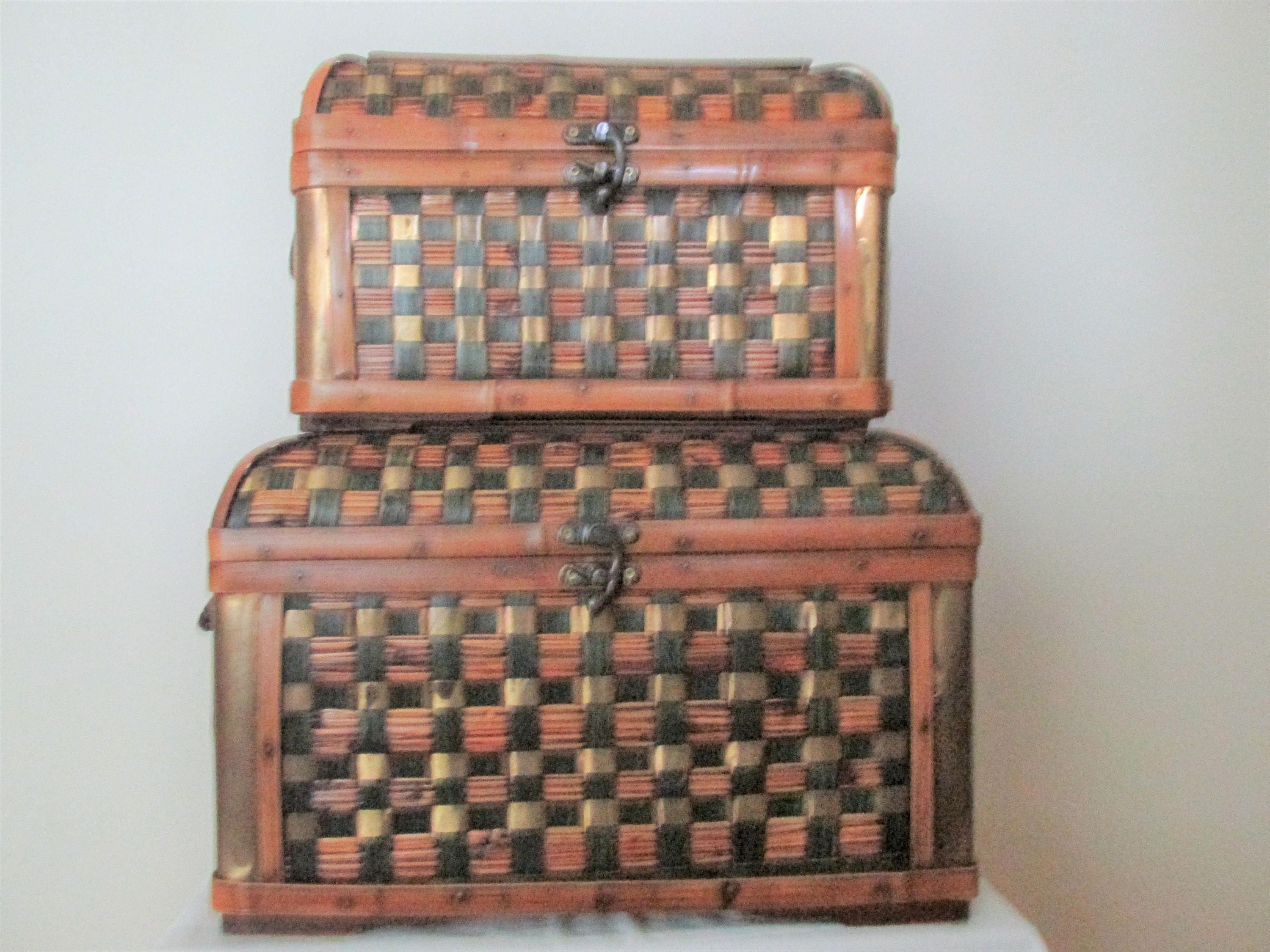 Decorative Wood Brass Storage Trunks Chests Set Of 2 Etsy