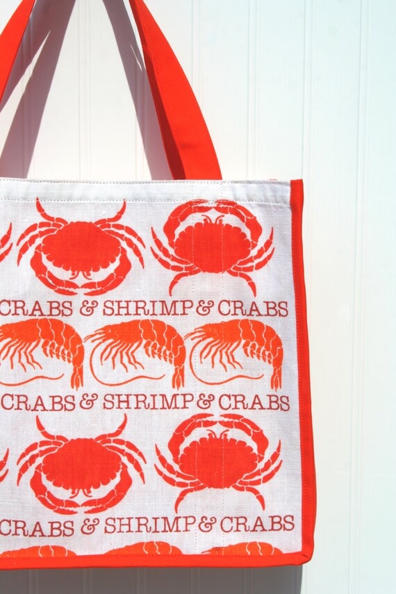 Nautical Seafood Shopping Bag Crabs and Shrimp Orange Etsy
