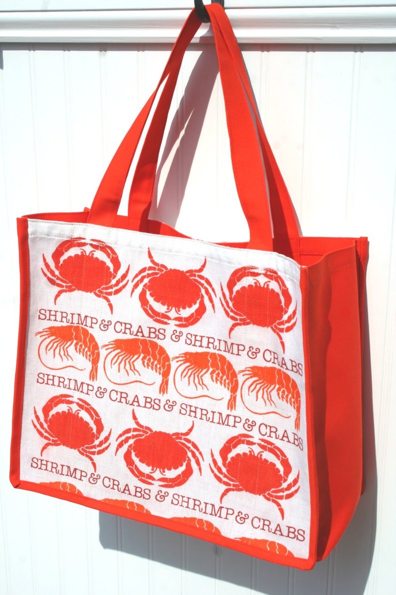 Nautical Seafood Shopping Bag Crabs and Shrimp Orange Etsy