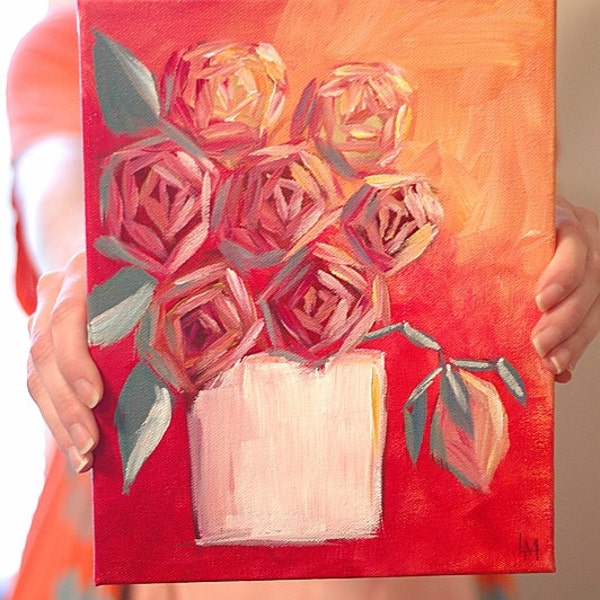 Roses at Sunset - Abstract, Whimsical Roses, Cottage Chic Decor, Acrylic Painting, Original Art
