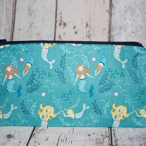 Mermaid Pencil Case - Under The Sea - Seahorse Charms - Ocean Creatures - Beach Lover Gift - Make up Bag - Zipper Purse - Handmade Fabric