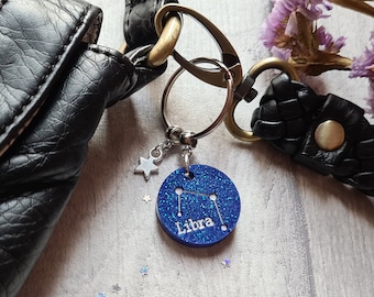 Resin Horoscope Star Constellation Key Ring Charm - Zodiac Sign Keychains - Glitter Iridescent - Handbag Purse Accessories - Astrology Moon