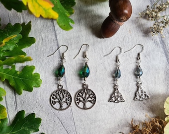 Tree of Life Earrings - Trinity Celtic Knot -  Triquetra Symbol - Nature Woodland Jewellery - Silver Dangle Earrings - Autumn Forest Leaves