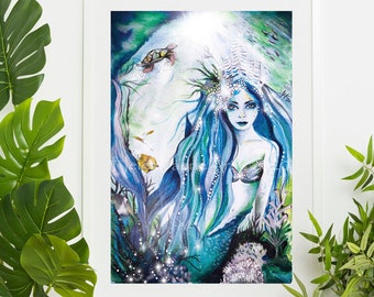 Mermaid Ocean Print - Notepad - Mythical Creatures - Under The Sea - Wall Art - Ready to Frame - Blank Greeting Card - Bathroom Decor
