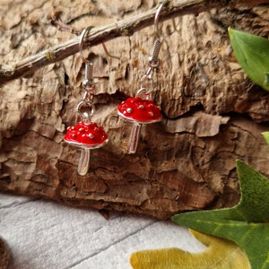 Red Agaric Mushroom Silver Earrings 3D Woodland Jewellery Wild Fungi Fungus Metal Forest Charm Nature Lover Autumnal Gift image 1