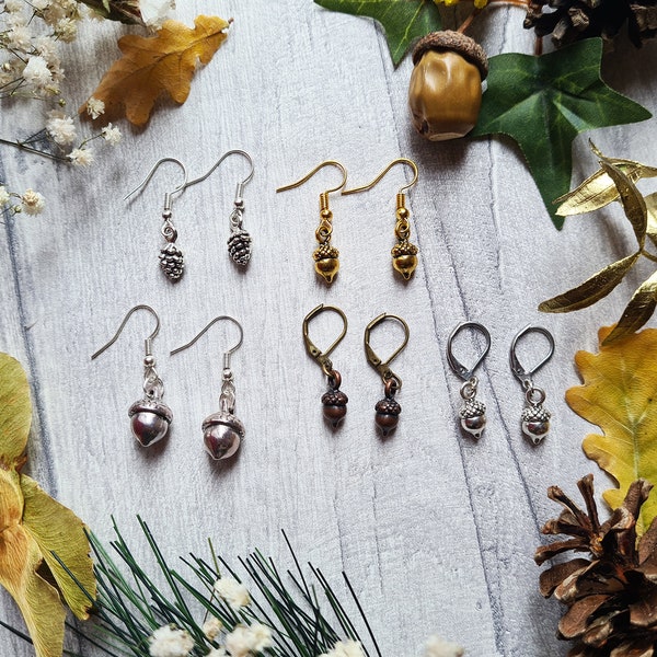 Acorn Woodland Drop Earrings - English Oak Tree - Pine Cones - Bronze Jewellery - Forest Magical Lover - Celtic Symbols - British Trees Love