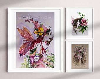 Flower Fairy Art Print - Pink Peony Flowers - Spring May Queen  - Nursery Room Decor - Occasion Cards  - Illustration Wall Art - Faery Folk