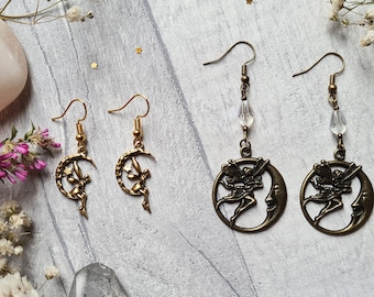 Fairy Crescent Moon Earrings - Lunar Moon - Bronze Gold - Magical Faery Accessorises - Dangle Drop - Everyday Wear Gift - Mythical Creatures