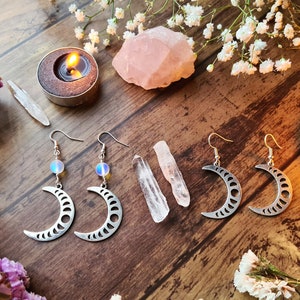 Lunar Moon Phases Goddess Silver Earrings Opalite Crystal Jewellery Crescent Waxing Waning Luna Pagan Wiccan Faery Moon Child image 2