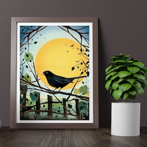 Blackbird Nature Art Print Bird Song Chorus Garden Wildlife Wall Decor Sun Symbolism Illustration Unframed Digital Drawing Poster image 1