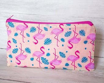 Flamingo Pencil Case - Pink Green Flamingos - Tropical Zipper Pouch - Handmade Cotton Purse - Stationary Addict