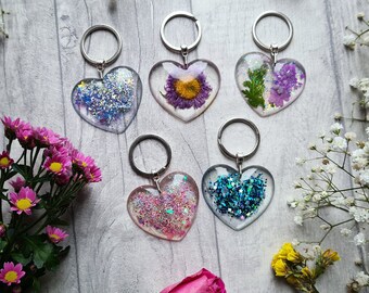 Resin Glitter Heart Key Ring Charm - 3D Love Heart Shaped - Dried Flowers - Pink Iridescent - Handbag Purse Accessories - Handmade Love Gift