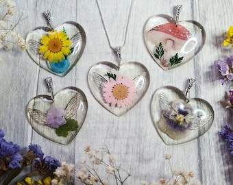 Resin Fairy Wing Heart Pendant - Floral Flower Necklace - Love Heart Shaped - Silver Faery Jewellery - Botanical Gift - Iridescent Necklace