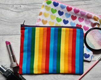 Rainbow Love Heart Pencil Case - Small Make Up Bag - Zipper Pouch - Coin Purse - Handmade Cotton - Stationary Addict - LGBTQ Pride Flag