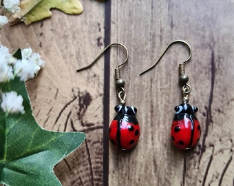 Ladybird Red Insect Earrings - Silver 3D Ladybug Woodland Jewellery -  Garden Beetle Creatures - Glass Forest Charm - Nature Wildlife Love