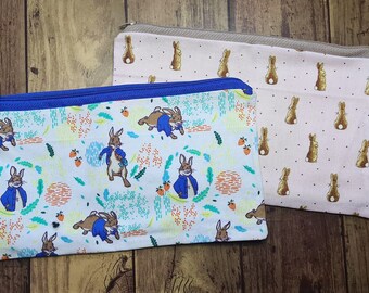 Garden Rabbit Pencil Case  - Mummy Nursery Gift - Childrens Story tale - Bunny Bunnies - Flopsy  - Cotton Pen Case - Pink Zipper Purse