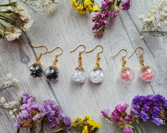 Fairy Sequin Glass Bubble Earrings - Iridescent Stars - Dried Wild Flowers - Drop Round Domes - 3D Charm Jewellery - Fantasy Accessories