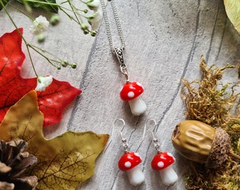 Red Agaric Mushroom Earrings - Matching Pendant - 3D Woodland Jewellery - Glass Forest Charm - Nature Lover - Small Pendant - Autumnal Gift