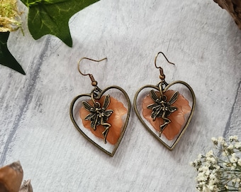 Bronze Fairy Heart Earrings - Autumnal Leaves - Woodland Forest Jewellery - Drop Dangle Earrings - Magical Jewellery - Handmade Autumn Gift