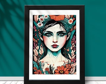 Floral Illustration Faery Wall Art - Decorative Print - Boho Botanical Red Flowers - Fantasy Paper Prints - Home Decor - Ready to Frame