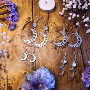 Lunar Moon Phases Goddess Silver Earrings Opalite Crystal Jewellery Crescent Waxing Waning Luna Pagan Wiccan Faery Moon Child image 1
