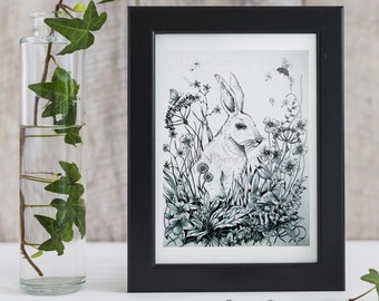 Hare Pencil Art Print - Wildlife Wall Decor - Animal Illustration - Meadow Flowers - Ready to Frame Poster - Woodland Card - Monochrome